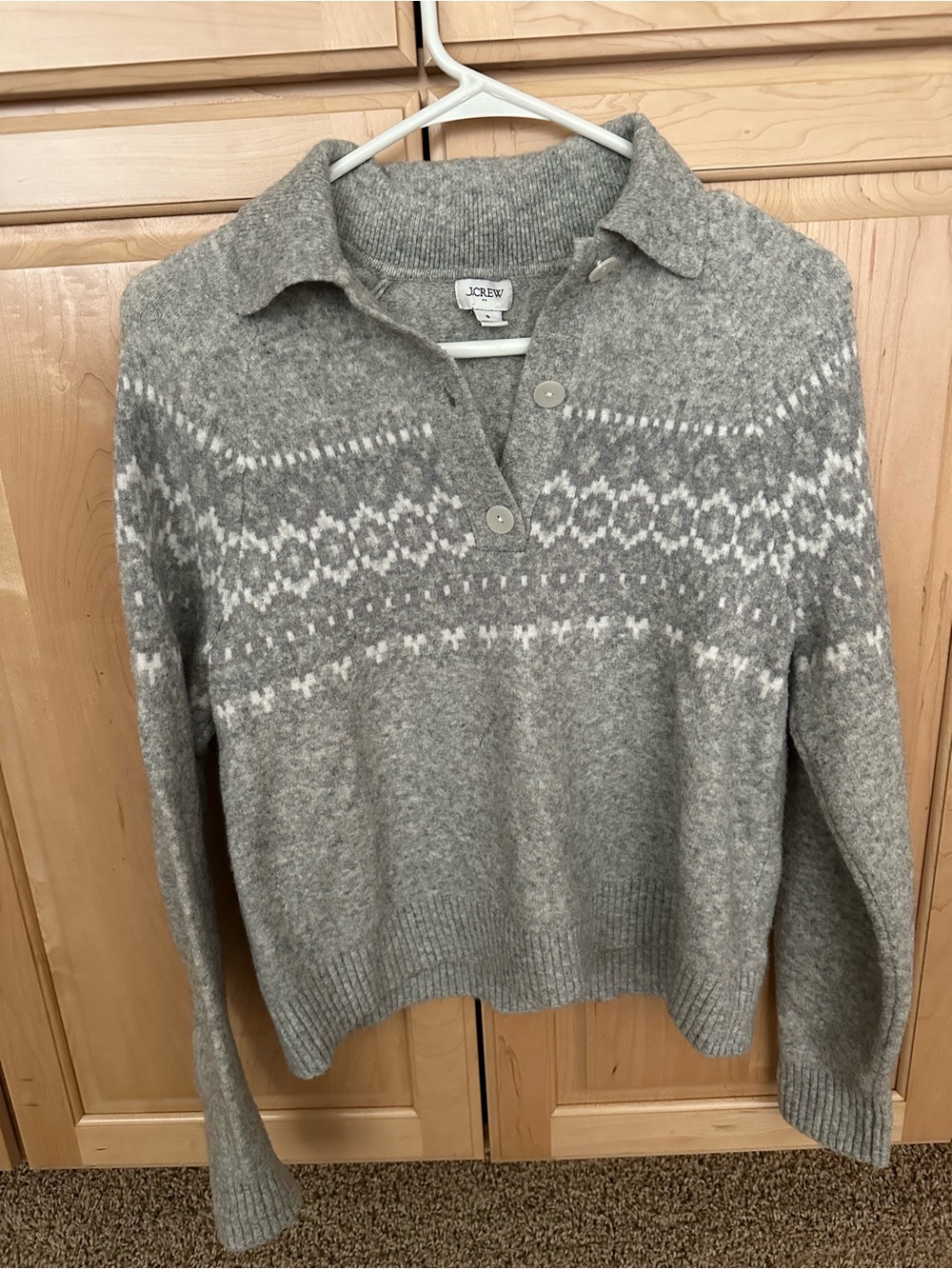 J. Crew Gray Fair Isle Polo Collar Wool Blend Sweater